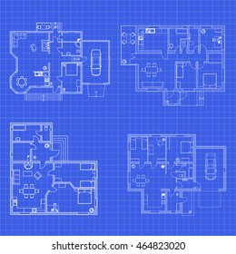 Architectural set of ground floor blueprints. Vector furnished floor plans.