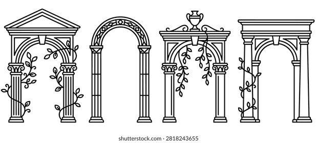 Architectural set showcasing ornate archways and garden entryways featuring climbing vines and decorative elements rendered in clean black line art style.