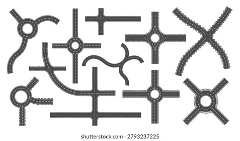 Architectural set of various road intersection layouts and roundabout designs is shown from a top-down perspective on a white background.