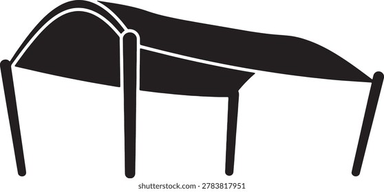 Architectural shade structure featuring arched canopy design. Suitable for park landscape elements and public seating area visualization. Minimalist vector illustration showing structural coverage for comfort.