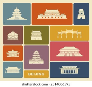 Monumentos arquitectónicos de Pekín, China. Iconos del vector en estilo vintage