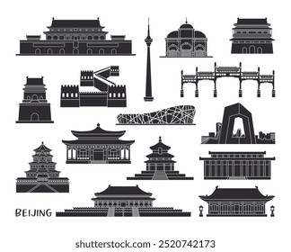 Architectural sights of Beijing, China. Vector icons