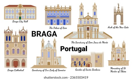 Architectural sights of Braga Portugal, a set of cute icons painted in a flat cartoon style, souvenir postcard.