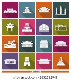 Architectural sights of China. Vector icons in vintage style with long shadow