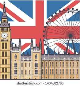 Architectural sights of London on the background of the British flag. London city buildings silhouette. London cityscape with landmarks. Travel Untied Kingdom skyline background