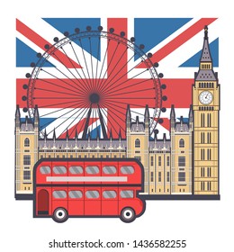 Architectural sights of London on the background of the British flag. London city buildings silhouette. London cityscape with landmarks. Travel Untied Kingdom skyline background