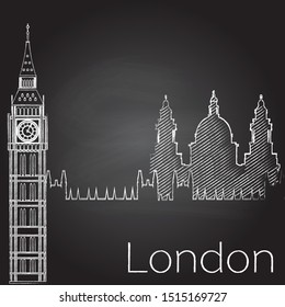 Architectural sights of London on the chalkboard. London city buildings silhouette hand drawn illustration. London cityscape with landmarks sketch style. Travel Untied Kingdom skyline background