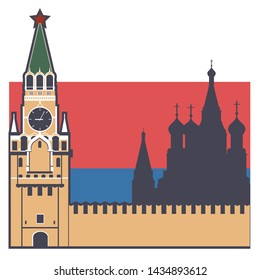 Architectural sights of Moscow on the background of the Russian flag. Moscow flat style vector illustration. Russian architecture. Cartoon Russia symbols and objects.