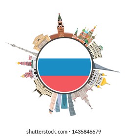 Architectural sights of Moscow on the background of the Russian flag. Moscow flat style vector illustration. Moscow architecture. Cartoon Russia symbols and objects.
