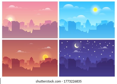 Architectural silhouette vector background collage with white frames set. Morning, afternoon, night cityscape, city buildings at different times. Vector illustration