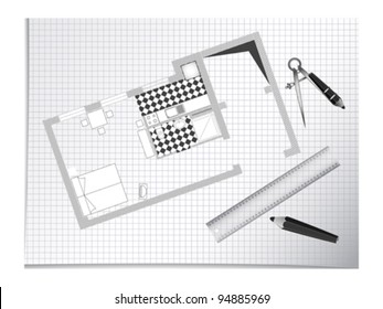 architectural sketch with blue print, pencils and divider; abstract vector art illustration; image contains transparency