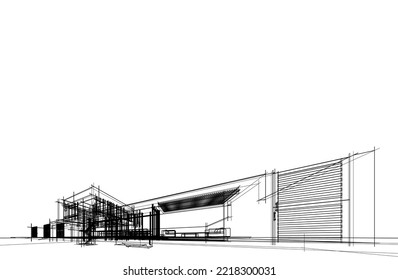 Architectural sketch of a building 3d illustration