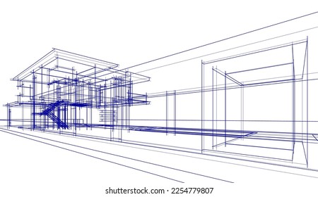 Architectural sketch of a building 3d illustration