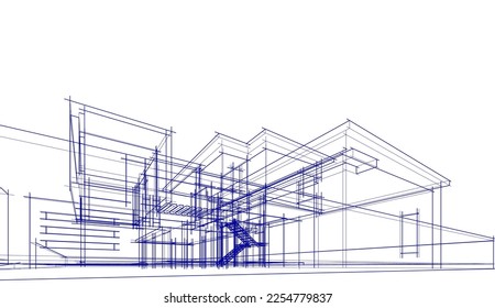 Architectural sketch of a building 3d illustration