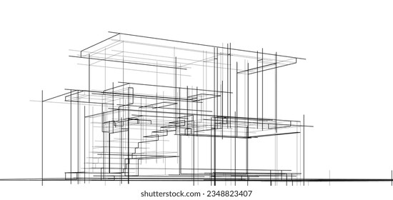 Architectural sketch of a building 3d illustration