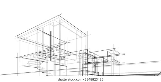 Architectural sketch of a building 3d illustration