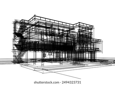 Architectural sketch of a building 3d illustration
