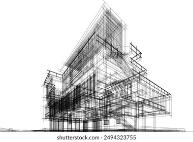 Architectural sketch of a building 3d illustration