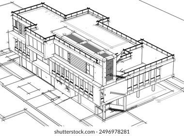 Architectural sketch of a building 3d illustration
