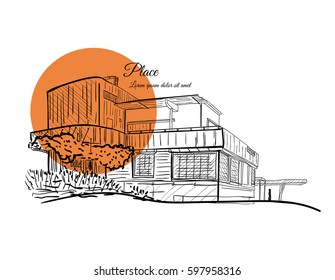 Architectural sketch. Sketch of a building with orange circle on the background with text.