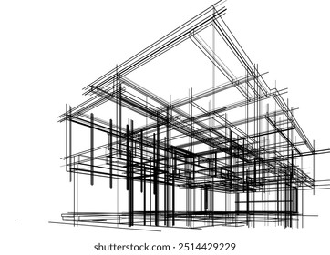 Esboço arquitetônico de um edifício. Ilustração em 3d vetorial.