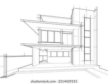 Architektonische Zeichnung eines Gebäudes. 3D-Vektorgrafik.