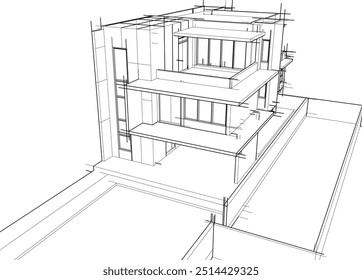 Architektonische Zeichnung eines Gebäudes. 3D-Vektorgrafik.