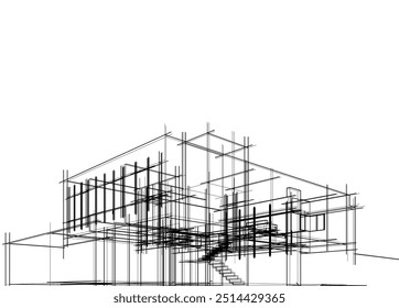 Architektonische Zeichnung eines Gebäudes. 3D-Vektorgrafik.