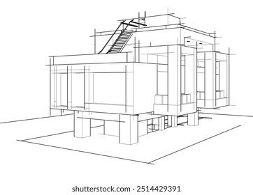 Esboço arquitetônico de um edifício. Ilustração em 3d vetorial.