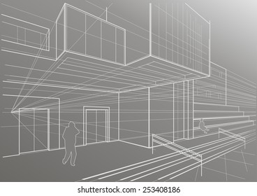 Architectural sketch of a cubic building
