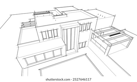 Architectural sketch drawing of modern house 3d illustration 