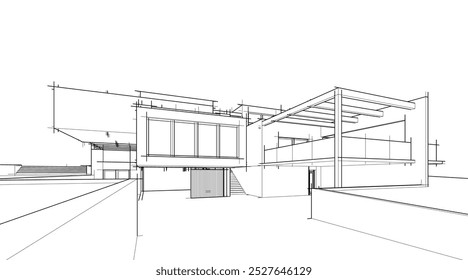 Desenho de esboço arquitetônico da ilustração 3d da casa moderna 