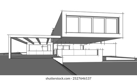 Architectural sketch drawing of modern house 3d illustration 