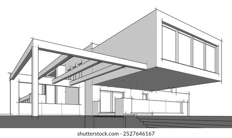 Architectural sketch drawing of modern house 3d illustration 