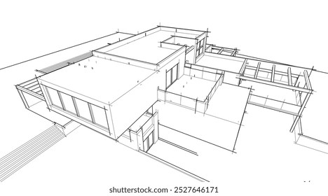 Architectural sketch drawing of modern house 3d illustration 