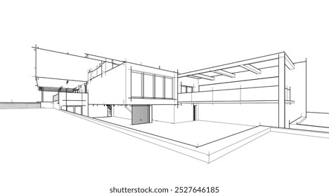 Architektonische Skizze Zeichnung des modernen Hauses 3D-Illustration 