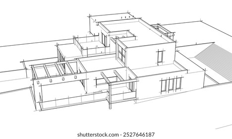 Architectural sketch drawing of modern house 3d illustration 