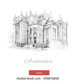 Architectural sketch. Drawn building. Hand-drawn cityscape, vector illustration. Architecture drawing