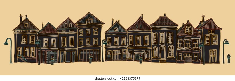 Architectural sketch of fairy tale Dutch houses elevations, street facade panorama