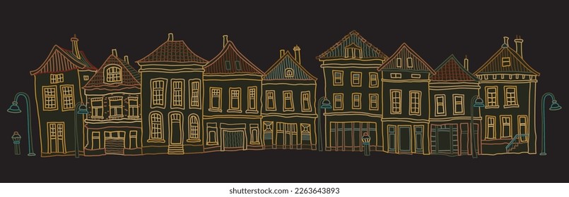 Architectural sketch of fairy tale Dutch houses elevations, street facade panorama on a black background