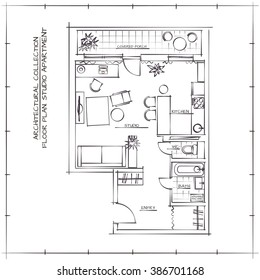 Architectural Sketch Floor Plan.Studio Apartment