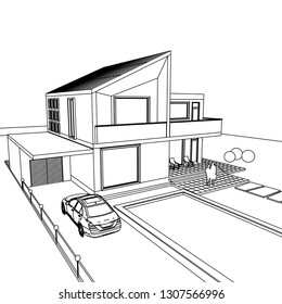 Architectural sketch, house, 3d illustration