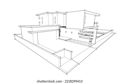 Architectural sketch of a house 3d illustration