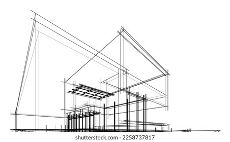 Architectural sketch of a house building 3d illustration