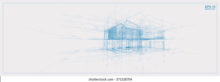 Architectural sketch idea of 3D perspective. Vector blueprint of building wireframe.
