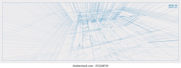 Architectural sketch idea of 3D perspective. Vector blueprint of building wireframe.