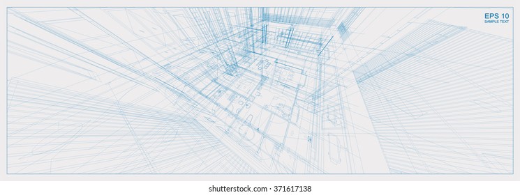 Architectural sketch idea of 3D perspective. Vector blueprint of building wireframe.