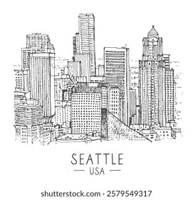 Architectural sketch illustration. Travel sketch of Seattle, USA. Architectural sketches of buildings, skycrapers, and rooftops. Hand-drawn artwork. Sketch-like line drawing made with a pen on paper.