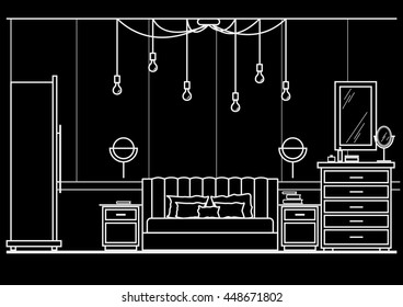 architectural sketch interior modern bedroom front view on black background