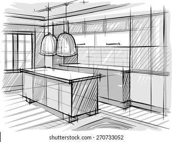 Architectural sketch of kitchen.